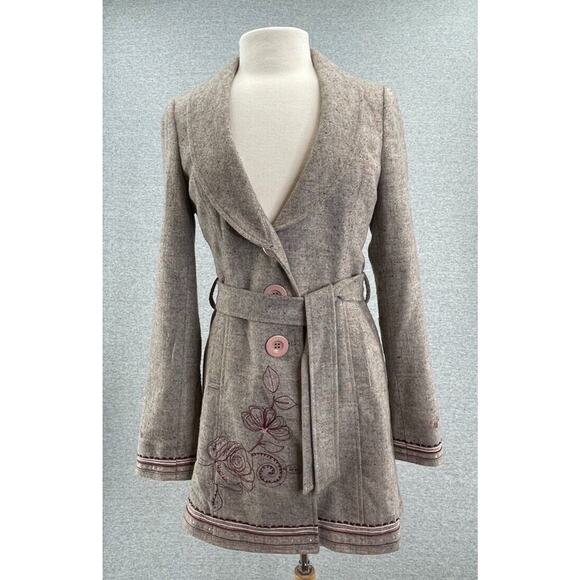 Guess Jeans Coat Womens Medium Wool Blend Pea Jacket Embroidered Beaded Lined - Picture 1 of 16